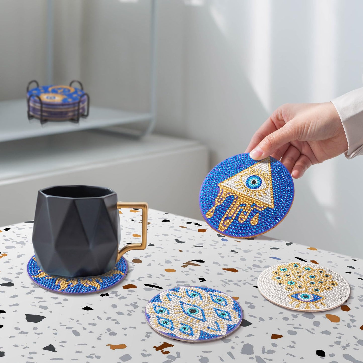 Cheriswelry 8Pcs Evil Eye Diamond Painting Coasters Set Bohemia Style Art Painting Coasters with Holder 5D DIY Diamond Painting Drink Mat Kits for Beginners Adults Kids DIY Coasters