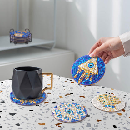 Cheriswelry 8Pcs Evil Eye Diamond Painting Coasters Set Bohemia Style Art Painting Coasters with Holder 5D DIY Diamond Painting Drink Mat Kits for Beginners Adults Kids DIY Coasters
