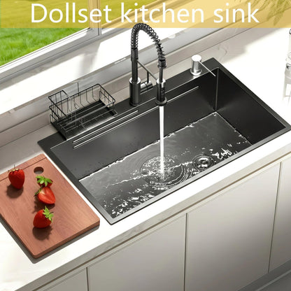 32x19 Black Drop-in Kitchen Sink: Deep Single Bowl Stainless Steel Workstation with Faucet & Accessories Combo for Family Kitchen—Scratch Resistant & Noise Reducing