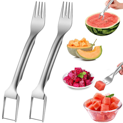 Watermelon Cutter Slicer Fruit Tool - 2-in-1 Stainless Steel Watermelon Cube Cutter, 2026 New Upgrade Dual Head Watermelon Fork Slicer Tool, Summer Fruit Cutting Kitchen Gadget for Home (2PCS)