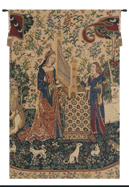C Charlotte Home Furnishings Inc Lady and the Organ Beige Belgian Tapestry Wall Hanging | Viscose Cotton and Polyester Blend Wall Art | 33 in. x 21 in | Home Decor Accents
