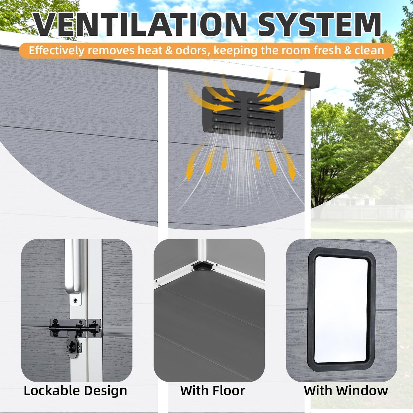 MELLCOM 5 x 4 FT Outdoor Storage Tool Shed with Windows and Lockable Door, Resin Outdoor Storage Shed with Floor, Resin Garden Shed for Garbage Can, Lawnmower, Bike