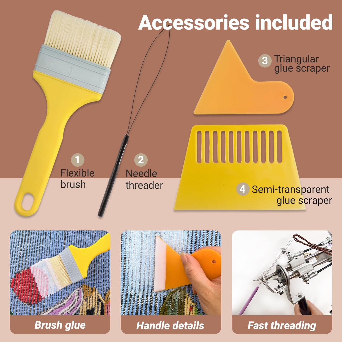 45" x 45" Large Primary Tufting Cloth with Yellow Marked Lines for Tufting Gun, Monks Cloth for Rug Making Kit – Includes 1 Yarn Threader & 2 Glue Scrapers