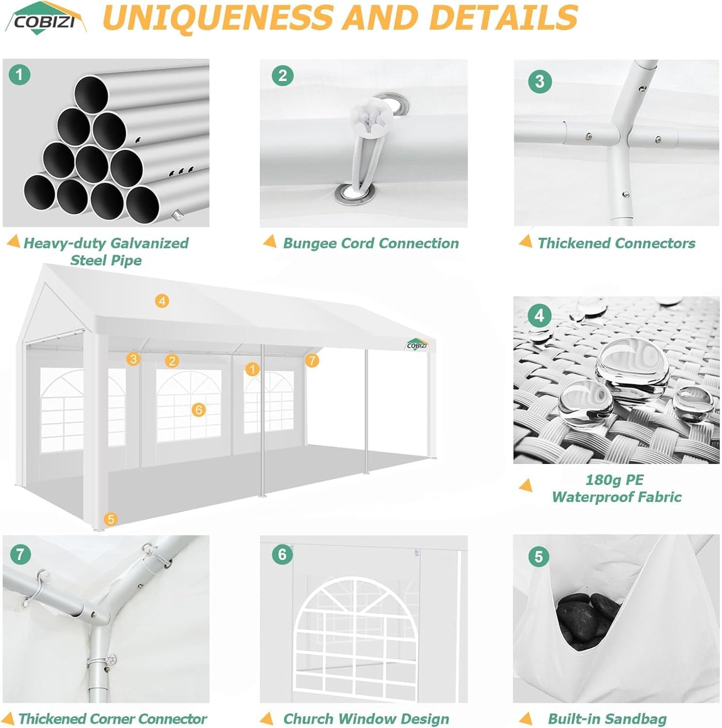 COBIZI 10x20FT Party Tent Heavy Duty for Parties Outdoor Gazebo White Event Shelter Wedding Canopy, BBQ Carport Commercial with Removable Sidewall Windows, Powder Coating (Better Than Galvanized)