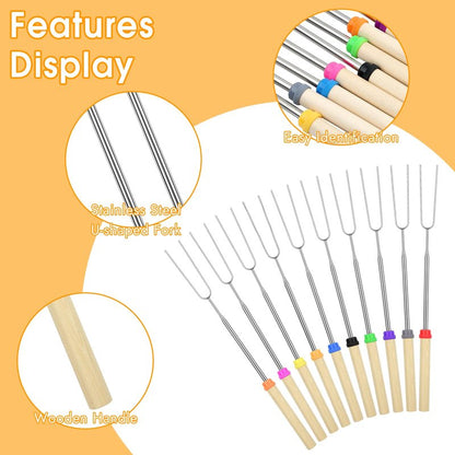 10 Pack Smores Sticks, 32 Inch Marshmallow Roasting Sticks for Fire Pit, Extendable Roasting Skewers with Bag, Hot Dog Fork, Smores Kit for Campfire Camping Essentials