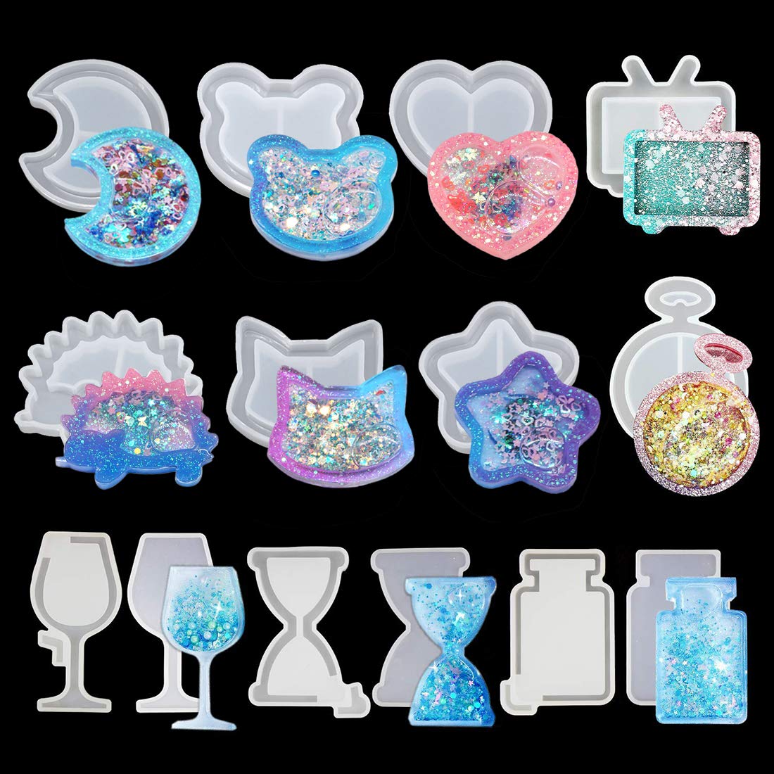 FineInno 11Pcs Quicksand Resin Casting Molds,Resin Art Shaker Mold, Crystal Silicone Hollow Mould Epoxy Pendant Mold Heart, Star, Moon,Bottle,Cat Head