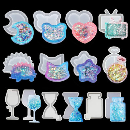 FineInno 11Pcs Quicksand Resin Casting Molds,Resin Art Shaker Mold, Crystal Silicone Hollow Mould Epoxy Pendant Mold Heart, Star, Moon,Bottle,Cat Head