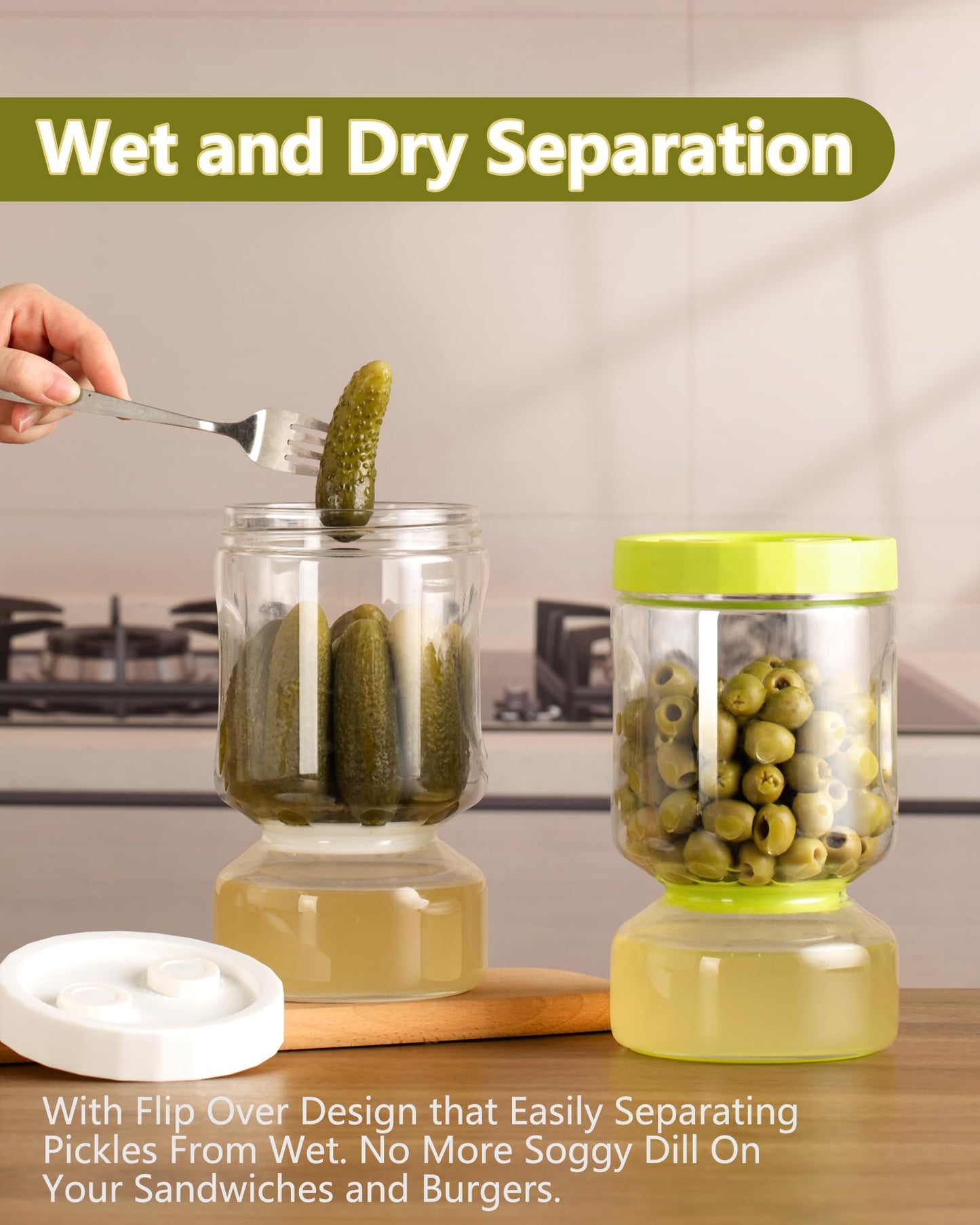 ZENS Glass Pickle Jar with Strainer Flip, 2 Pack Pickle Container Olive Hourglass Jars, Airtight Pickle Juice Separator from Wet and Dry, Pickles Storage Jar 51oz-Green & White