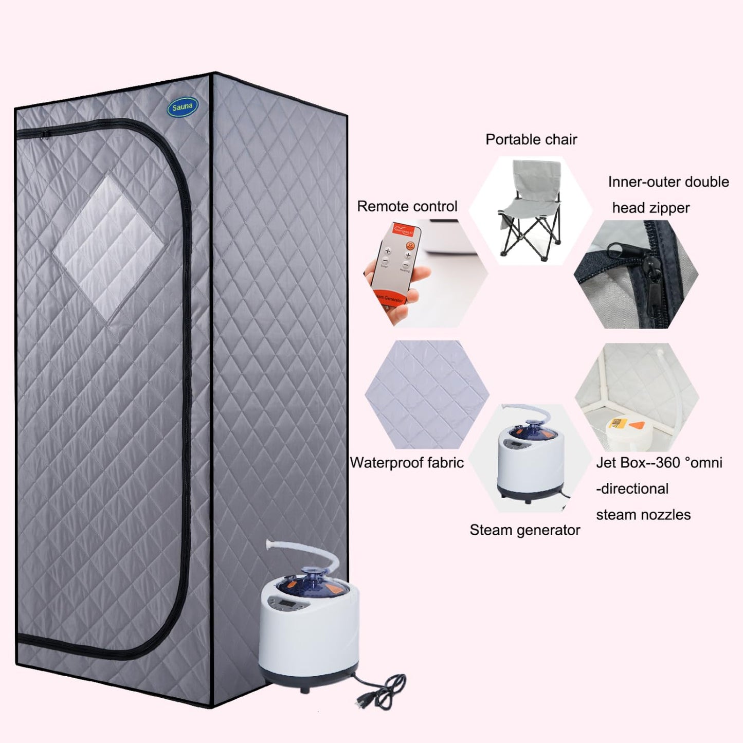 Full Size Portable Grey Steam Sauna Tent–Personal Home Spa, with Steam Generator, Remote Control, Foldable Chair, Timer and PVC Pipe Connector Easy to Install.Fast Heating, with Fcc Certification