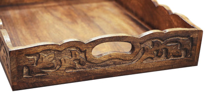 Hand Carved Wooden Serving Tray - Decorative Breakfast Tray with Handles - Rustic Wooden Food Tray with Intricate Detail - Unique Furnishing Accent - Natural Finish - 17 x 13 x 2.5 Inch - COTTON CRAFT