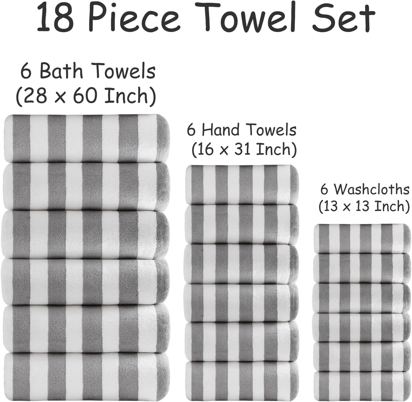 18 Set Loop-6 Towels,6 Towels,6 Set Pcs Light Gray Stripe Bath Towel with Hanging Bath Hand Washcloths Soft Family
