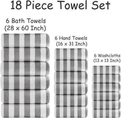 18 Set Loop-6 Towels,6 Towels,6 Set Pcs Light Gray Stripe Bath Towel with Hanging Bath Hand Washcloths Soft Family