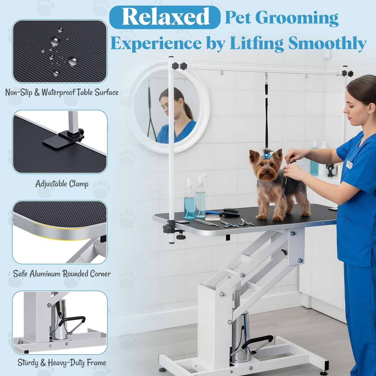 GarveeHome 43.6 in Pet Grooming Table for Large Dogs, Heavy Duty Height Adjustable Dog Grooming Table With Overhead Arm & Noose Height Range 22 in -39 in, Maximum Capacity Up to 350 LBS, White