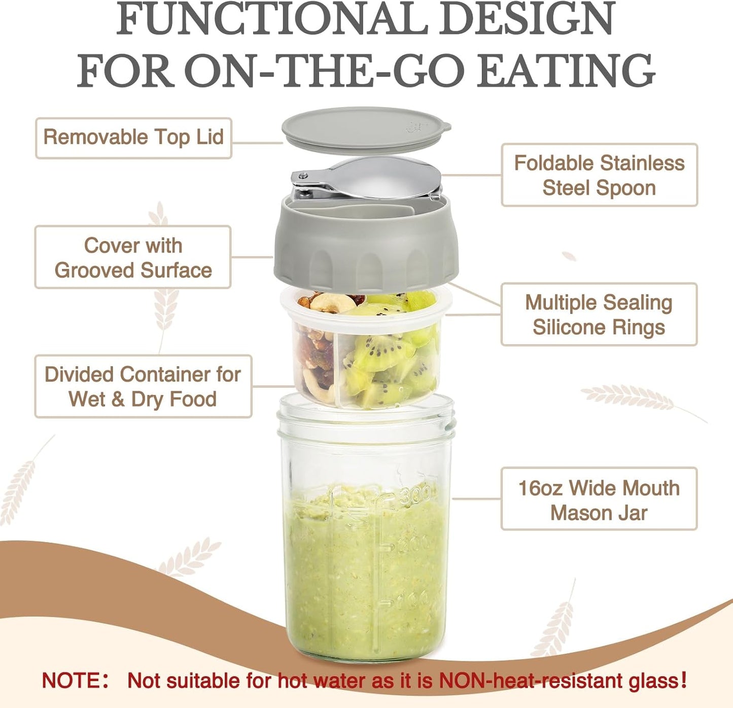 16oz (2 Set-Smoke SOLIGT Overnight Oats Containers with Lids, Folding Spoons and Divided Compartment for Fruit & Nuts