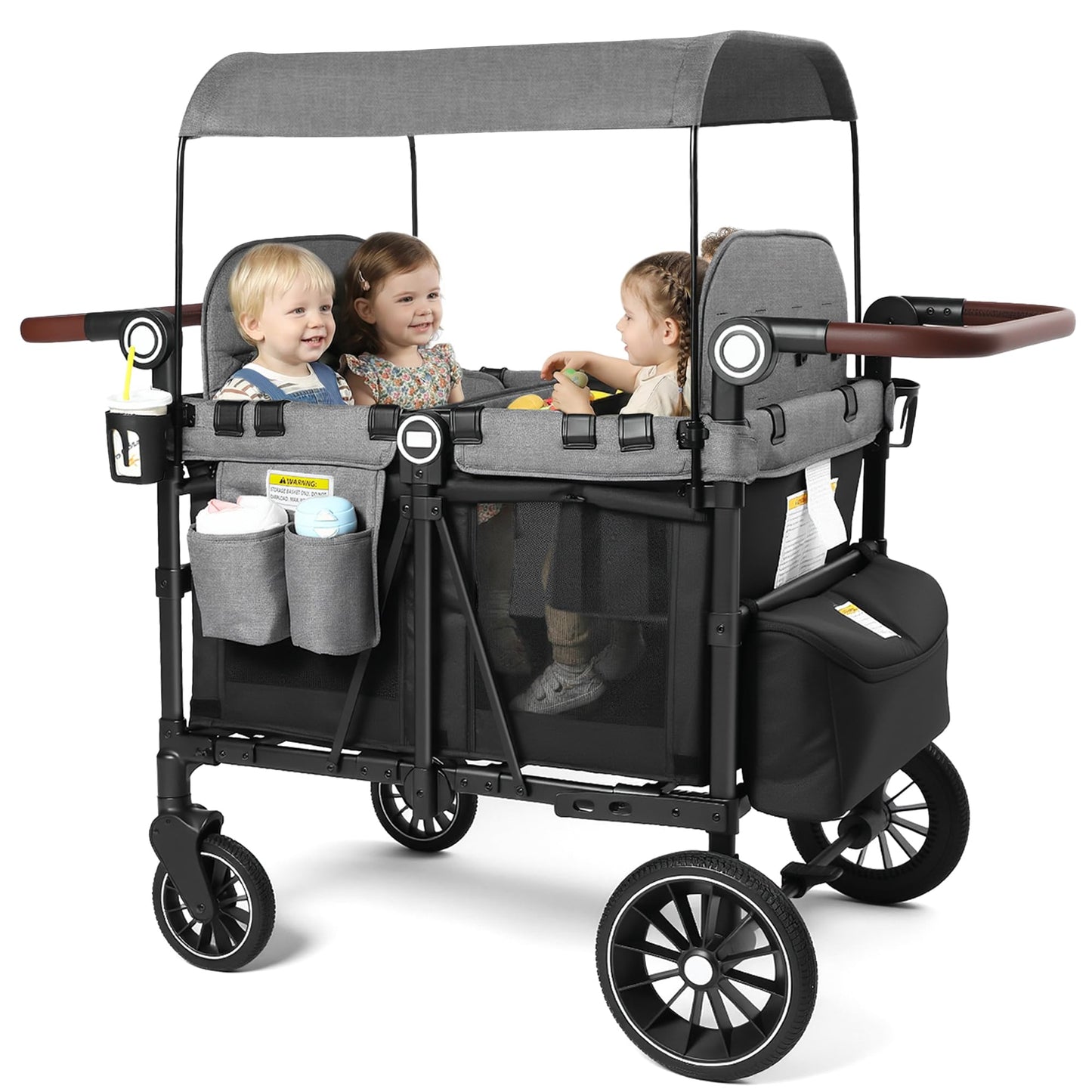 Kinder King Wagon Stroller for 4 Kids, All-Terrain Foldable Outdoor Stroller Wagon 4 Seater, Removable Canopy, Adjustable Handle, Detachable Tray, Black&Grey