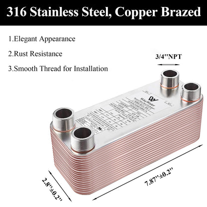 AB Plate Heat Exchanger, 3"x8" 30 Plates Water To Water Heat Exchanger, Copper/SS316L Stainless Steel Brazed Plate Heat Exchanger For Floor Heating, Water Heating, Snow Melting
