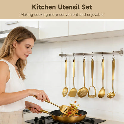 12 Pcs Gold Cooking Kitchen Utensil Set - 304 Stainless Steel Cooking Utensils with Ergonomic Handle, Include Spatula Turner Soup Ladle and Food Tongs, Excellent Cooking Gadgets Tools Set