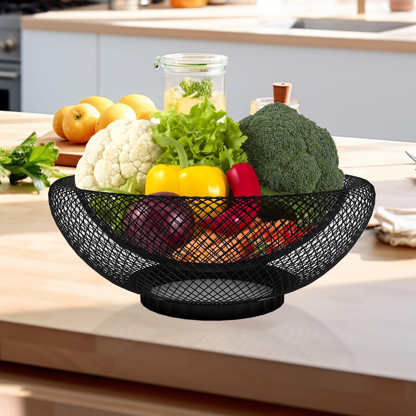 ZIVONA Black Fruit Basket for Kitchen Counter - 9.8" Metal Mesh Fruit Bowl, Modern Decorative Centerpiece for Kitchen Island, 360° Airflow Keeps Produce Fresh, Versatile for Vegetables & Snacks