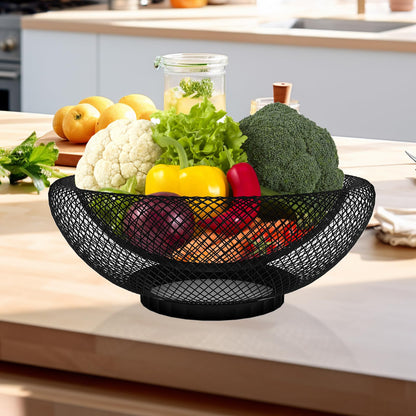 ZIVONA Black Fruit Basket for Kitchen Counter - 9.8" Metal Mesh Fruit Bowl, Modern Decorative Centerpiece for Kitchen Island, 360° Airflow Keeps Produce Fresh, Versatile for Vegetables & Snacks