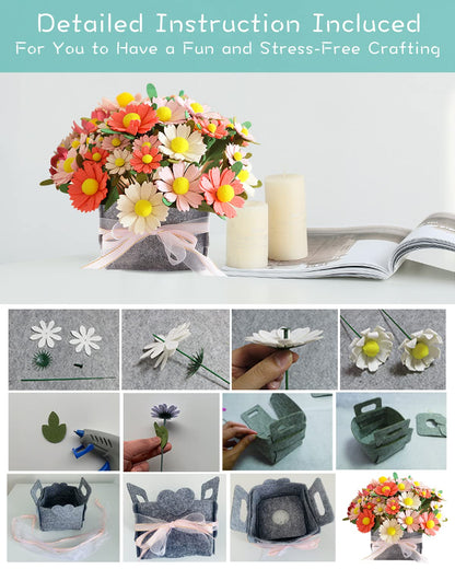 BAZIMA DIY Felt Flower Art Craft Kit, DIY Daisy Bouquet Kit, Floral Gifts, Beginner Craft Kit, Arrange Pre-Cut Flowers and Foliage