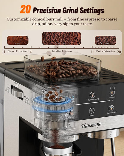 Hausmojo Espresso Machine with Grinder & Milk Frother, 20 Bar