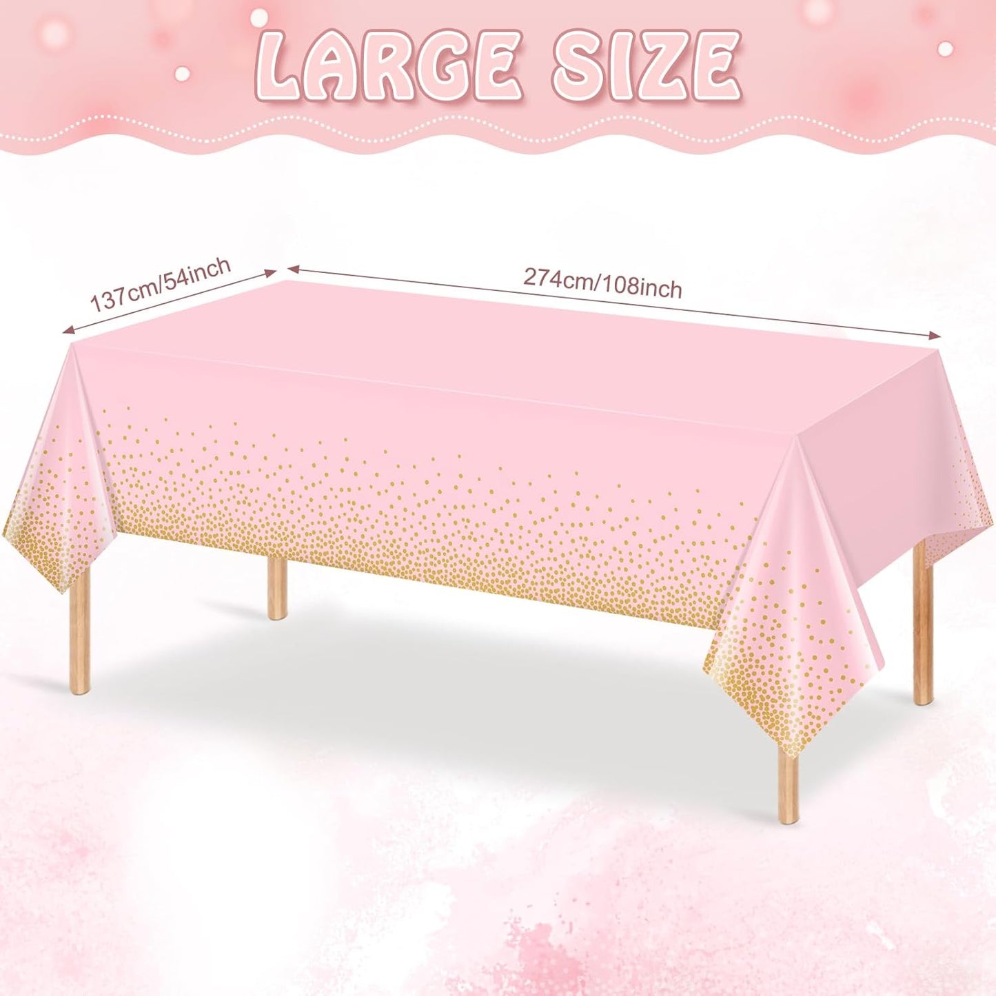 1 Pack 54x108" Pink and Gold Plastic Tablecloth for Parties, Pink Disposable Table Cloth for Rectangle Tables, Gold