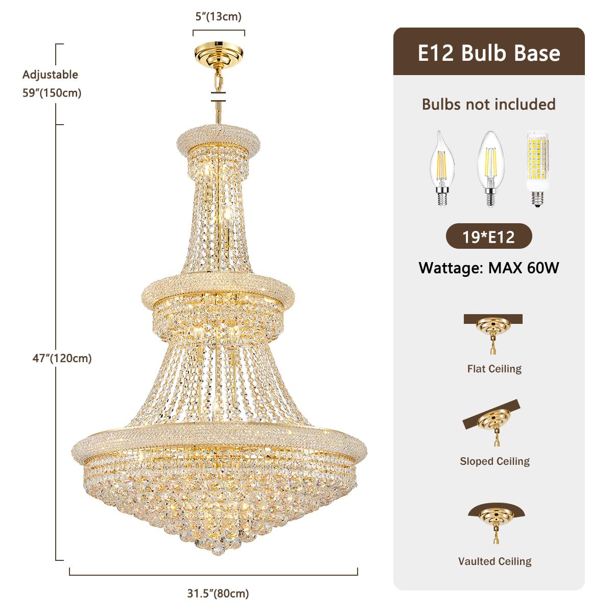 DUNFIZZ 19-Lights High Ceiling Chandelier Modern Gold Crystal Chandeliers Large Foyer Chandelier Fixtures for Staircase Living Room Hallway Entryway (H47 x W31.5)