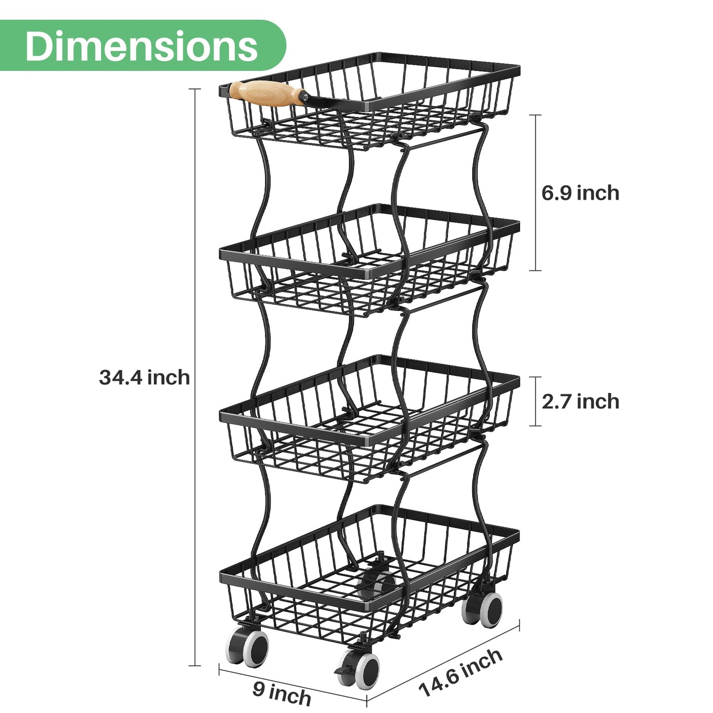 SAYZH Fruit Basket Kitchen Pantry Organizers and Storage - 4 Tier Stackable Metal Wire Basket Stand for Fruit Vegetable Snacks Jars Bins Containers Organization(Black, 4 Tiers)