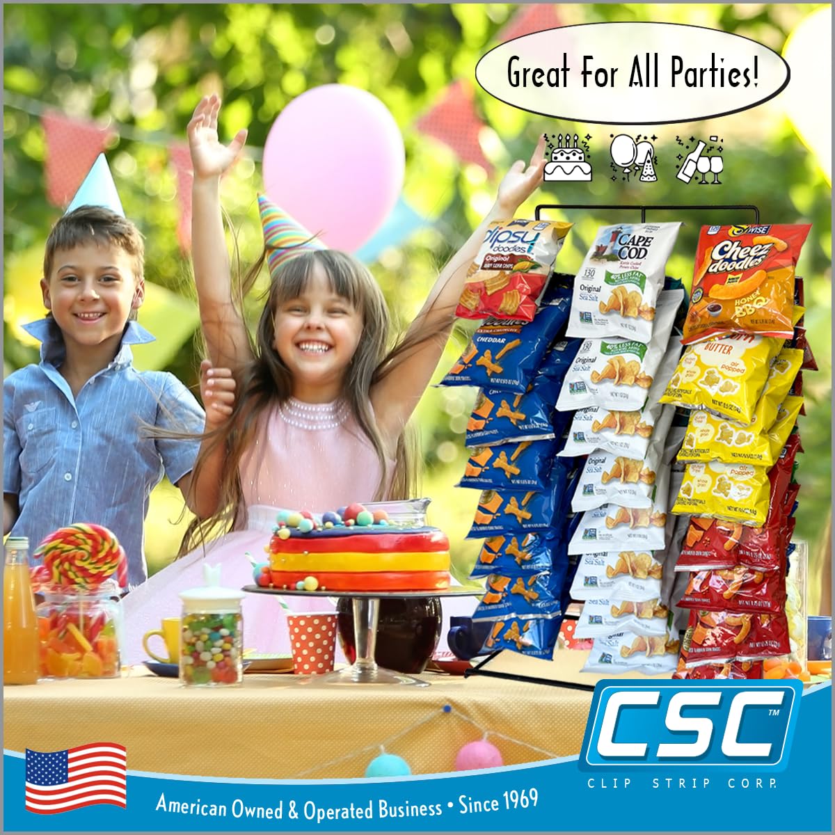 Snack Rack Countertop Display Stand, 3 Rows, 45 Clips, Black, Metal, Hang Chips, Snacks, Candy at Retail, Great for Parties and Events,1 Pack