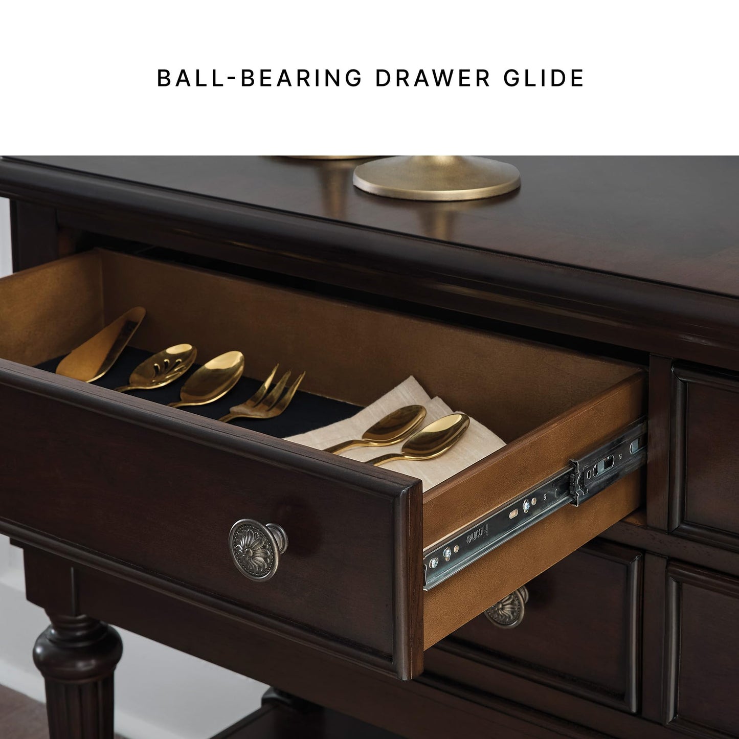 Signature Design by Ashley Lavinton Classic 4-Drawer Dining Server with Open Shelf, Dark Brown