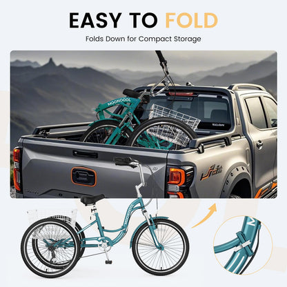 EOYOBIKE Adult Folding Tricycle, 7-Speed 3-Wheel Cruiser Bike with Low Step-Through Frame, Large Rear Basket, Adjustable Seat, 20/24/26 Inch Options