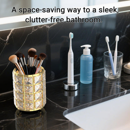 LUGUNU Makeup Brush Holder with Golden Crystal Bling – Elegant Vanity Organizer for Brushes, Pens & Pencils, Ideal for Bathroom or Office Countertop(2Pack)