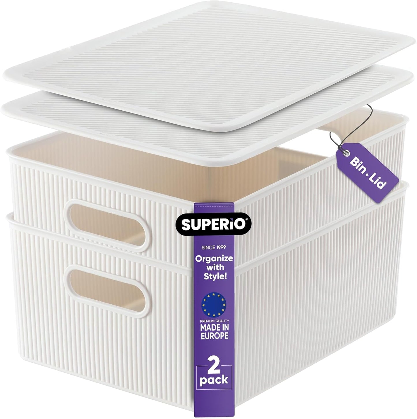 Superio Ribbed Collection Large White Smoke Storage Bins, 2 Pack, 15 Liter, Stackable Organizer Baskets