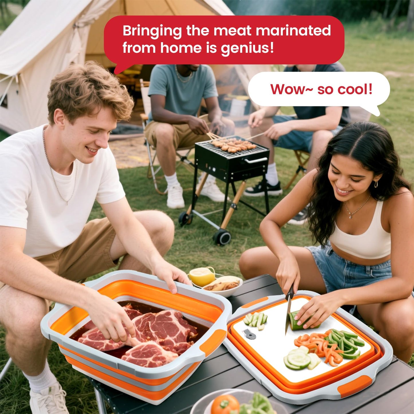 BBQ Prep Tub 3-IN-1 Large 16L Collapsible Cutting Board with Locking Lid for Meal Prep Marinating Food, Camping Sink with Colander, Dish Basin, Storage Blanket for Camping Picnic BBQ, Orange