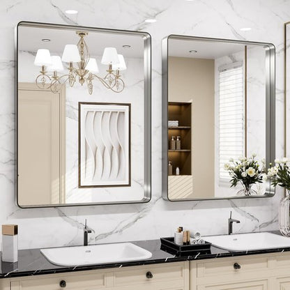LOAAO Brushed Nickel Bathroom Mirror - 28X36 Inch Rounded Rectangle Design | Anti-Rust & Shatter-Proof