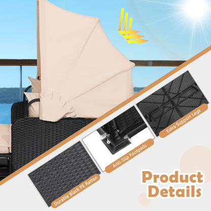 Tangkula Patio Rattan Daybed with Retractable Canopy, Outdoor Wicker Sunbed Lounger with 2 Foldable Side Tables, Thick Seat & Back Cushions, Outside Double Daybed for Garden, Backyard, Porch