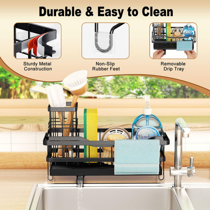 GUUKAR Sponge Holder for Kitchen Sink, Self-draining Sink Organizer with Towel Rack and Brush Holder, Metal Kitchen Sink Organizer for Countertop, Black