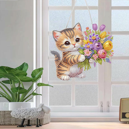 AIBOERL Diamond Art Hanging Kit for Adult,Special Shaped Rhinestone,Double Sided 5D DIY Acrylic Diamond Art Painting Window Pendants Home Garden Wall Hanging Kits Hanging Ornament (Cat)