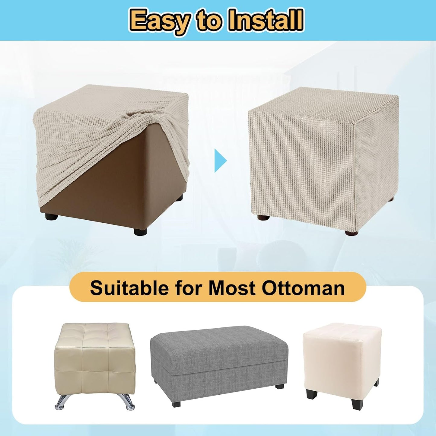 130-160cm 51"-63", uxcell Stretch Ottoman Cover Rectangular Oversized Square Ottoman Slipcover with Elastic for Foot