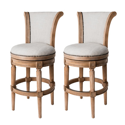 Maven Lane Pullman Bar Stool 31 Inches – Set of 2 – Swivel Stools with Footrest – Light Brown Solid Wood Frame & Natural Fabric Upholstery – Perfect for Bars, Pub Tables & Tall Kitchen Counters