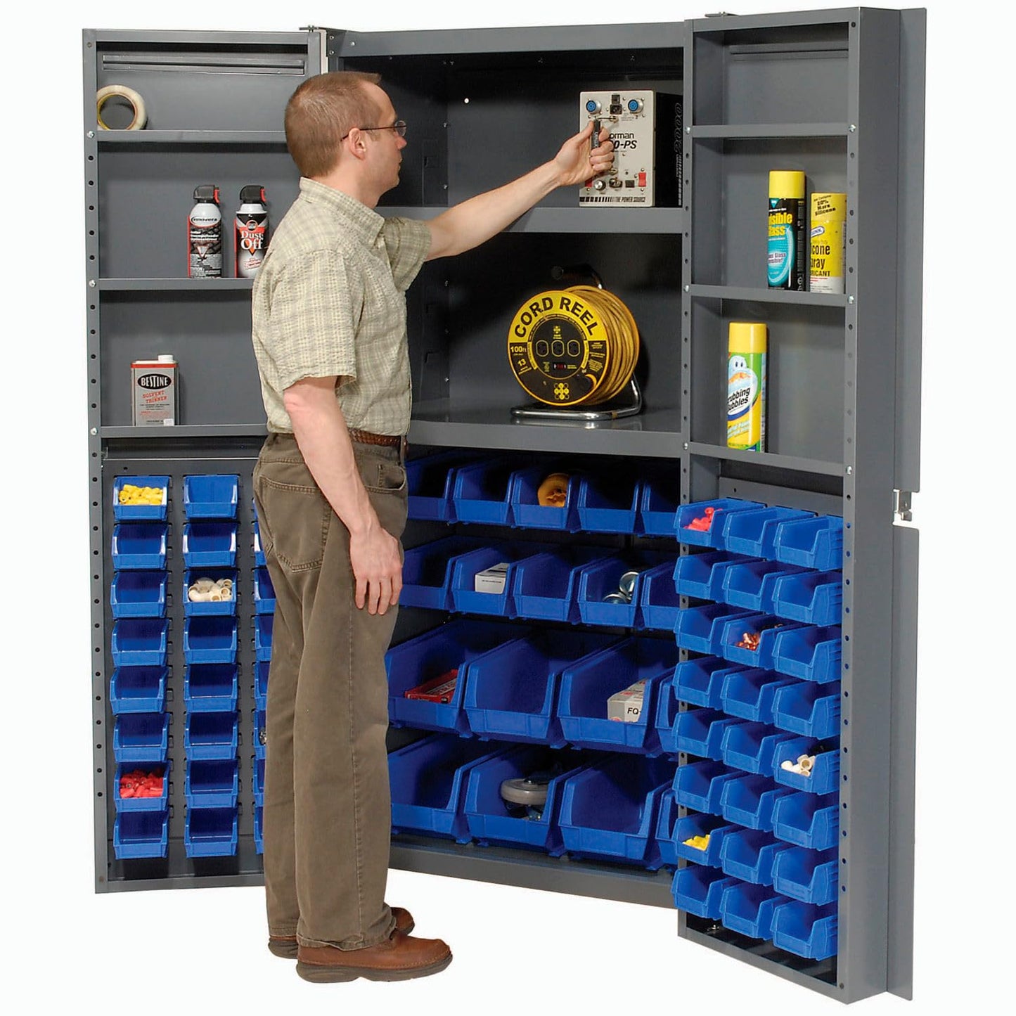 Global Industrial Deep Door Bin Cabinet, Includes 68 Blue Plastic Bins, Padlockable Steel Cabinet, 38" W x 24" D x 72" H, for Tool and Parts Storage, Assembly Required
