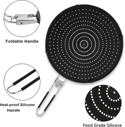 Frcctre 2 Pack Silicone Splatter Screen for Frying Pan, 13" Versatile Grease Splatter Guard with Foldable Handle, Food Grade Heat Resistant Oil Splash Guard, Cooling Mat, Drain Board for Cooking