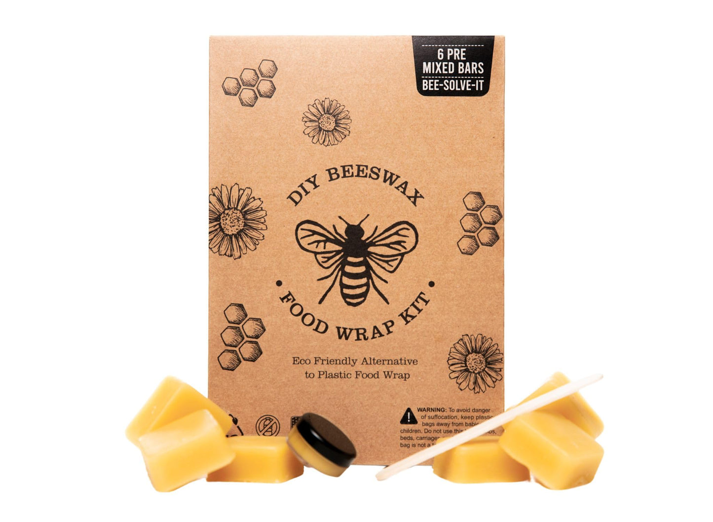 Made in USA DIY Pre Mixed Beeswax Wrap KIT- Made with Pine Resin, Beeswax & Jojoba Oil - Beeswax Wraps for Food- Make Your Own 6 Bees Wrap Sheets with 5 ml Pinon Salve for Sticky Fingers Square Shape