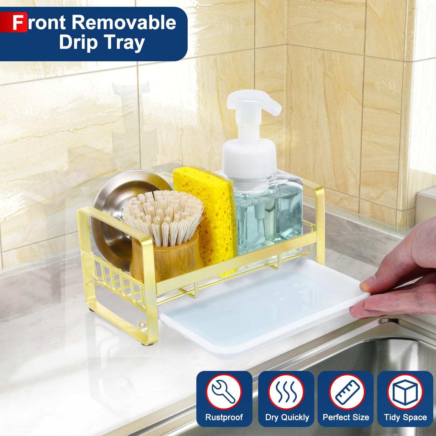 HULISEN Kitchen Sink Sponge Holder, 304 Stainless Steel Kitchen Soap Dispenser Organizer, Countertop Drainer with Removable Tray, not Including Dispenser and Brush, Gold