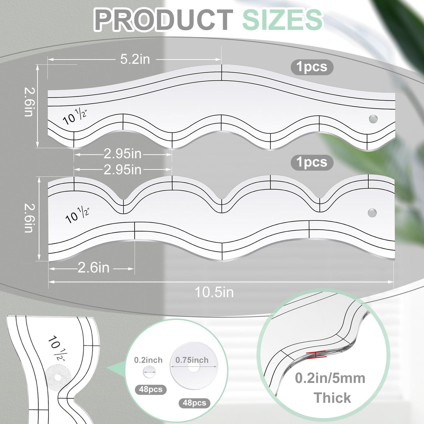 Kigley 2 Pcs Free Motion Quilting Templates Waves Acrylic Quilting Rulers for Machine Free Motion Sewing Stencils Patchwork Splicing with 48 Pcs Nonslip Grips(Gentle)