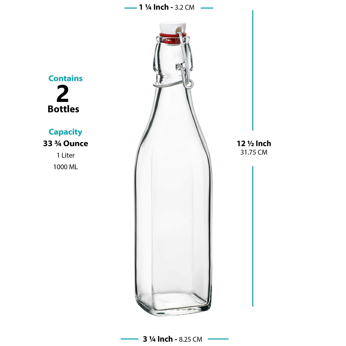 Clear SQUARE Swing Top Glass Bottles With Lids - 33.75 Oz - Airtight Flip Top Glass Water Bottles Great For Oil And Vinegar, Beverages, Juices, Smoothies - (2 Pack) (Not For Carbonated Beverages)