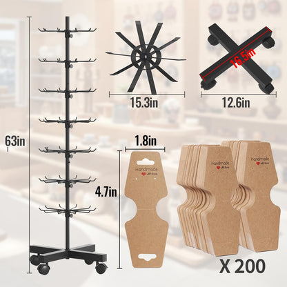 MaagorVita Retail Display Stand 7 Tier Rotating Rack for Store, Keychain Jewelry Vendor Events, 360° Spinning Display Spinner with 200PCS Cards, Movable and Adjustable