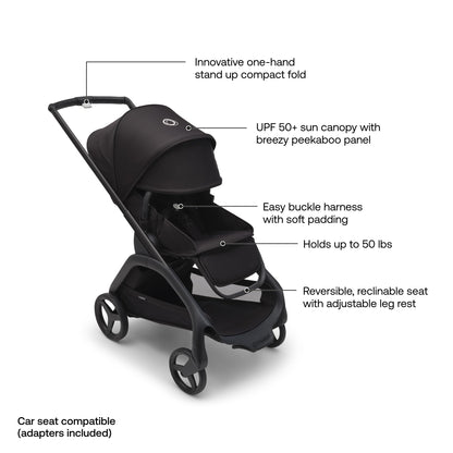 Bugaboo Dragonfly City Stroller - Lightweight Compact Baby Stroller with One Hand Easy Fold in Any Position, Full Suspension, XL Underseat Basket - Midnight Black