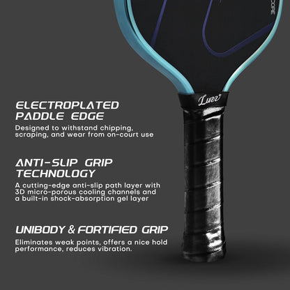 Luzz Pickleball Paddle, Thermoformed Blue Blaze Inferno 3D Grooved Carbon Fiber Pickleball Paddles Microporous Polymer Core Exceptional Spin and Power 16mm Composite Pickle Ball Rackets for Players