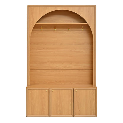 Merax Farmhouse Hall Tree with Bench and 3 Cabinets, 4-in-1 Entryway Coat Rack with 4 Golden Hooks and Top Compartments, 77.5" Retro Arched Entryway Hall Tree for Hallway, Mudroom, Entrance, Natural